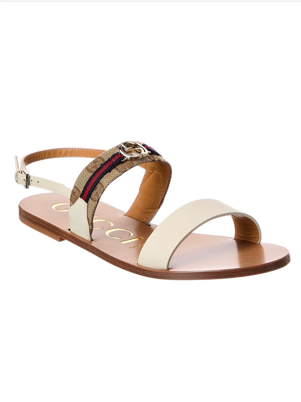 New Gucci Interlocking G women GG canvas leather flat sandals, size 39.5, US 9.5
